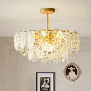 Elegant semi-flush crystal chandelier installed in French style residential interior with warm lighting