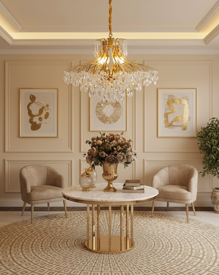 Luxury crystal chandelier showcasing light refraction through faceted clear crystals on gold frame