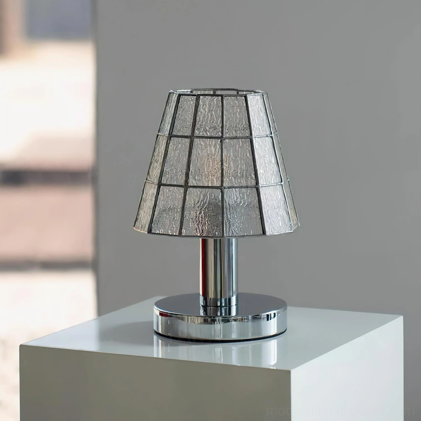 Transparent crystal clear geometric stained glass lamp shade with polished chrome base in neutral color