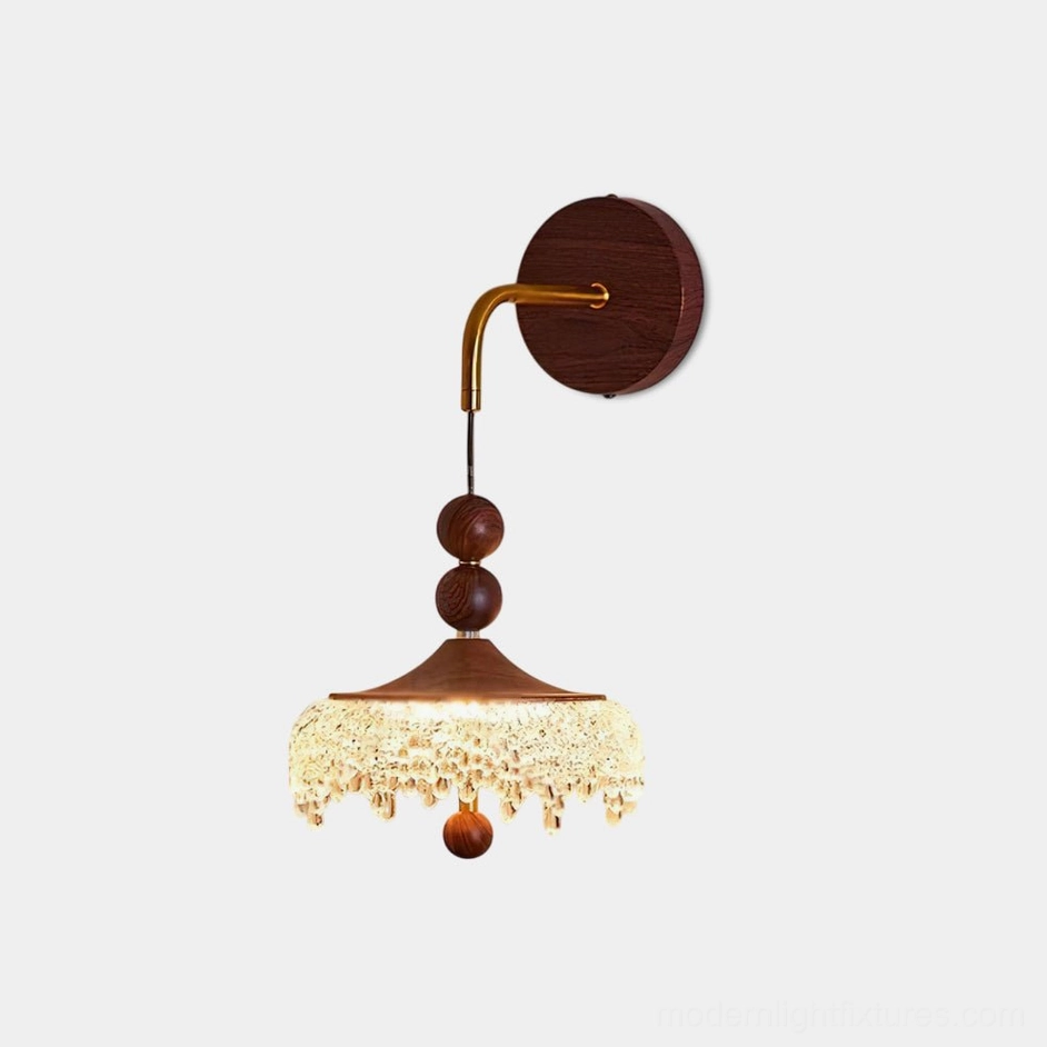 Crystal dewdrop wall sconce front view showing cascading crystal elements with walnut wood and gold brass frame against white background