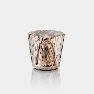 Cordless crystal diamond table lamp with hand-cut faceted clear crystal and metal base, minimalist design on white studio background