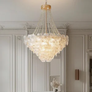 Crystal floral chandelier with beaded crystal strands in elegant French formal living room setting