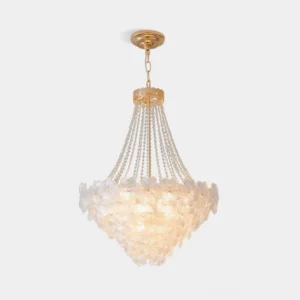 Crystal floral petal chandelier with tiered design and gold metal fixtures on white studio background