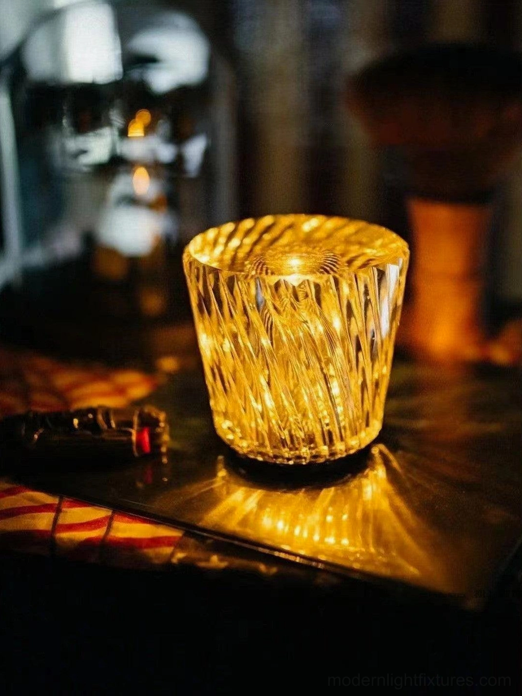 Crystal diamond table lamp bookshelf display positioning, accent lighting for curated vignette, decorative and functional fixture