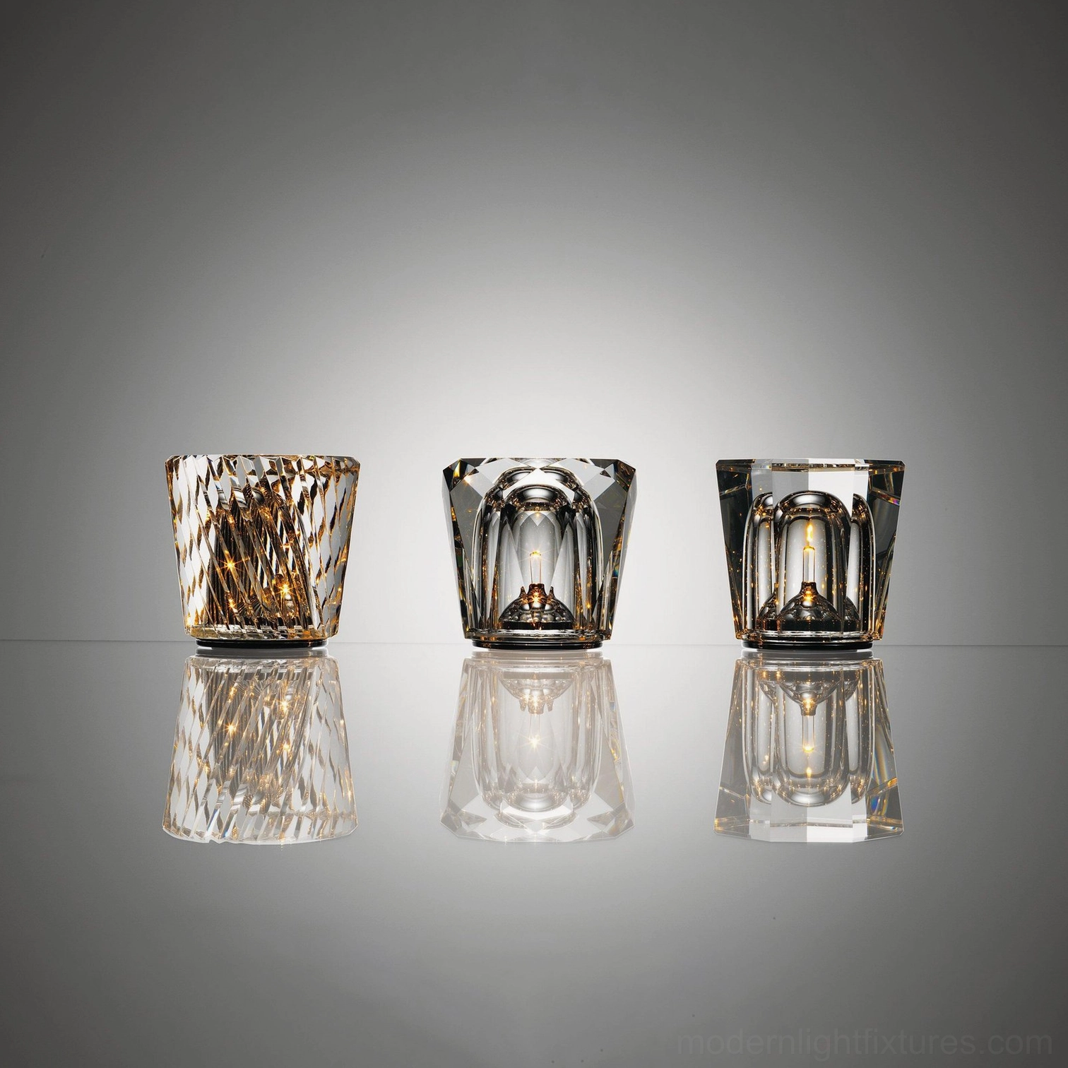 Crystal diamond table lamp geometric facet pattern, light refraction effect visible, premium hand-cut glass construction, compact fixture