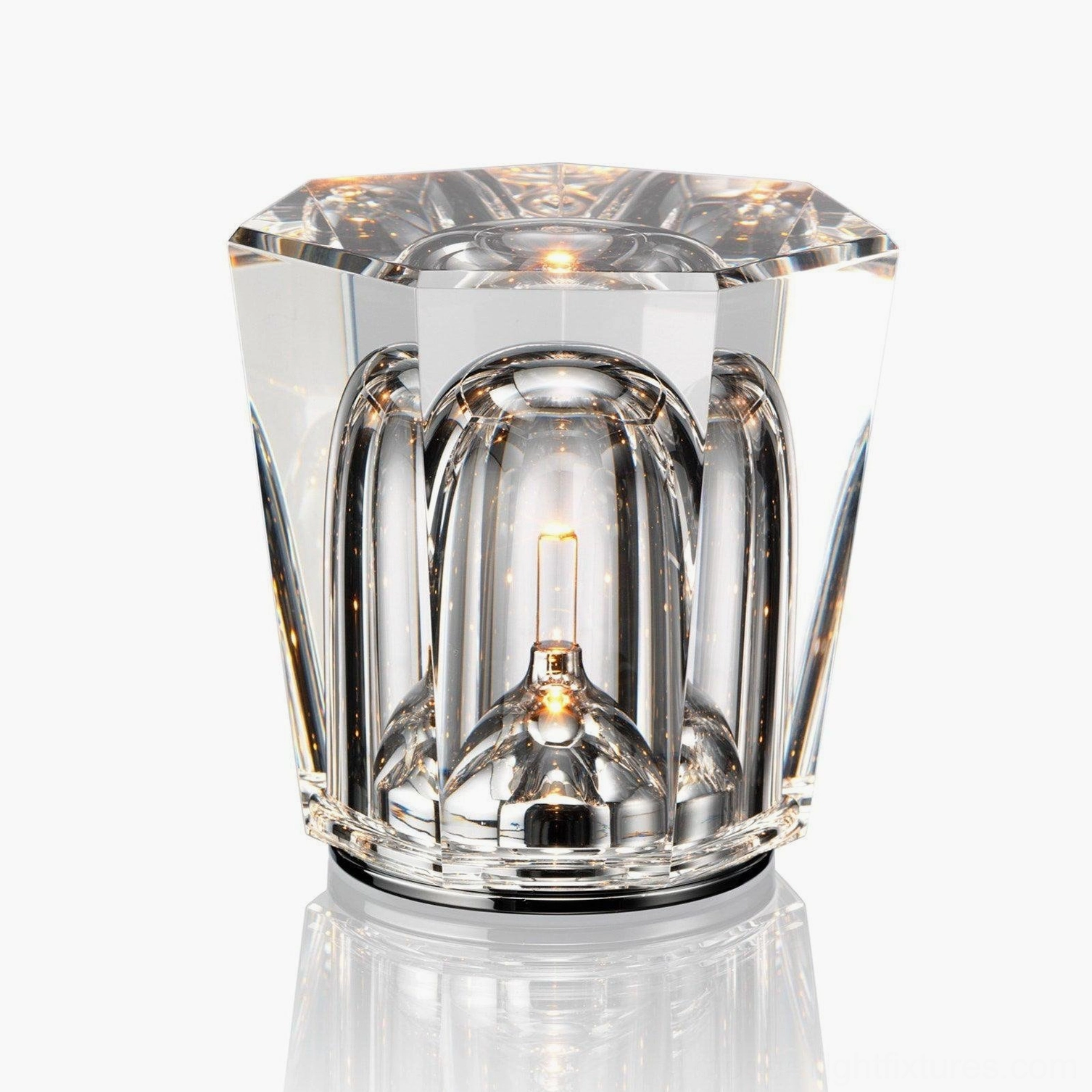 Hand-cut crystal diamond table lamp interior construction view, integrated LED module, rechargeable battery compartment design