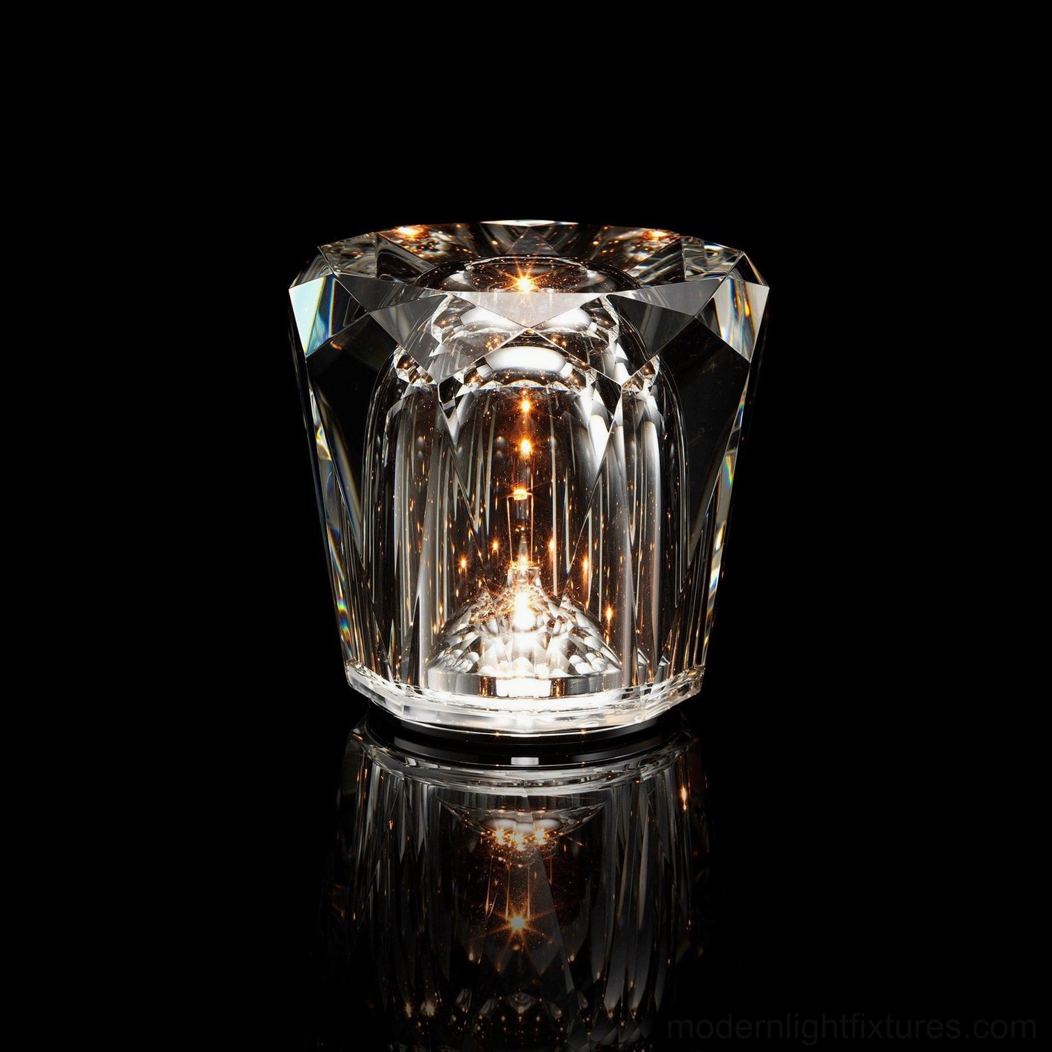 Crystal diamond table lamp showcasing interior LED structure, warm light diffusion through hand-cut crystal glass facets