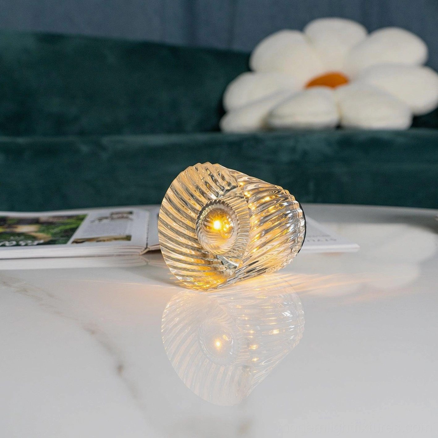 Crystal diamond table lamp lifestyle photography, realistic home environment placement, interior design inspiration imagery