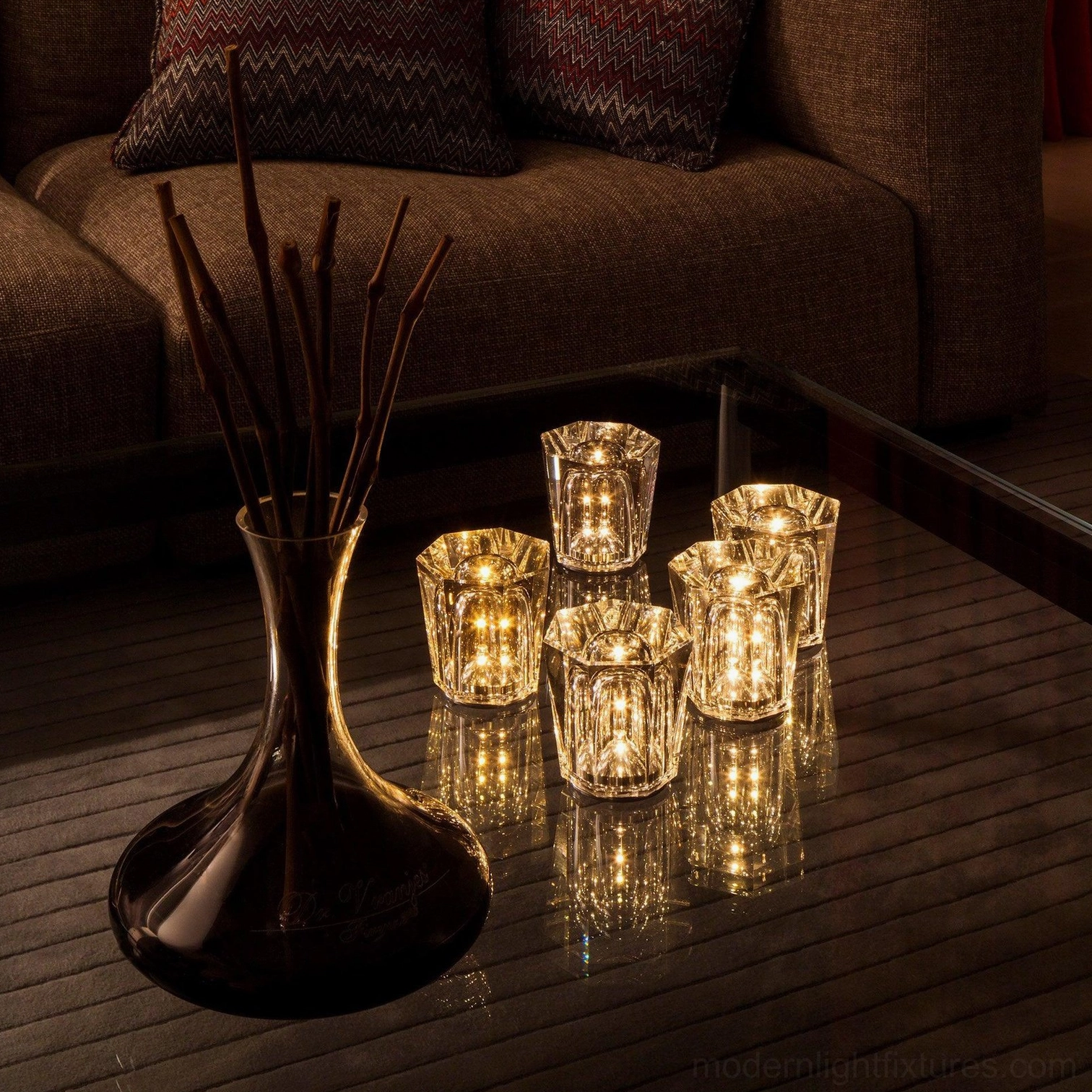 Crystal diamond table lamp mid-century modern pairing, wood and brass element compatibility, retro contemporary fusion styling