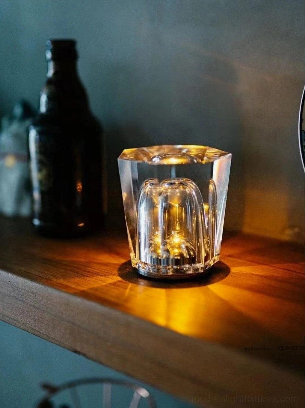 Crystal diamond table lamp nightstand placement, warm glow creating cozy bedroom atmosphere, cordless portability advantage