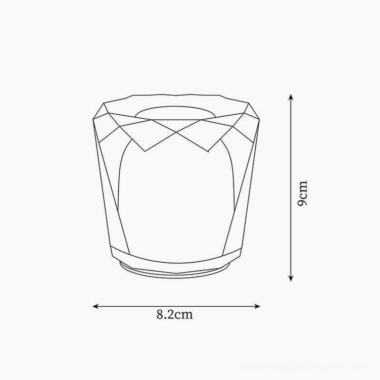 Crystal diamond table lamp design sketch orthographic view showing multi-faceted tapered cylindrical geometry with dimension notation 8.2cm x 9cm