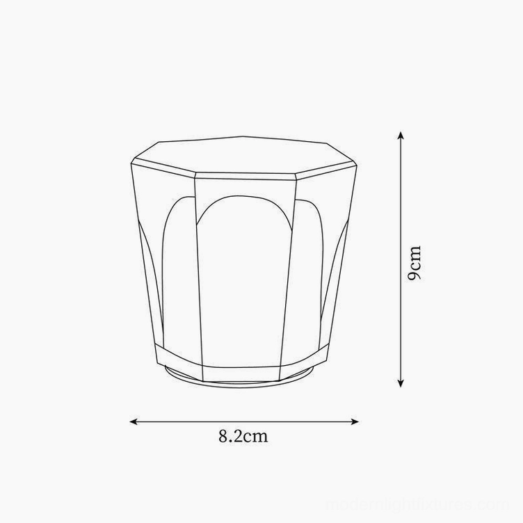 Crystal diamond lamp technical orthographic drawing showing octagonal faceted cylinder design with 8.2cm x 9cm dimensions and curved details