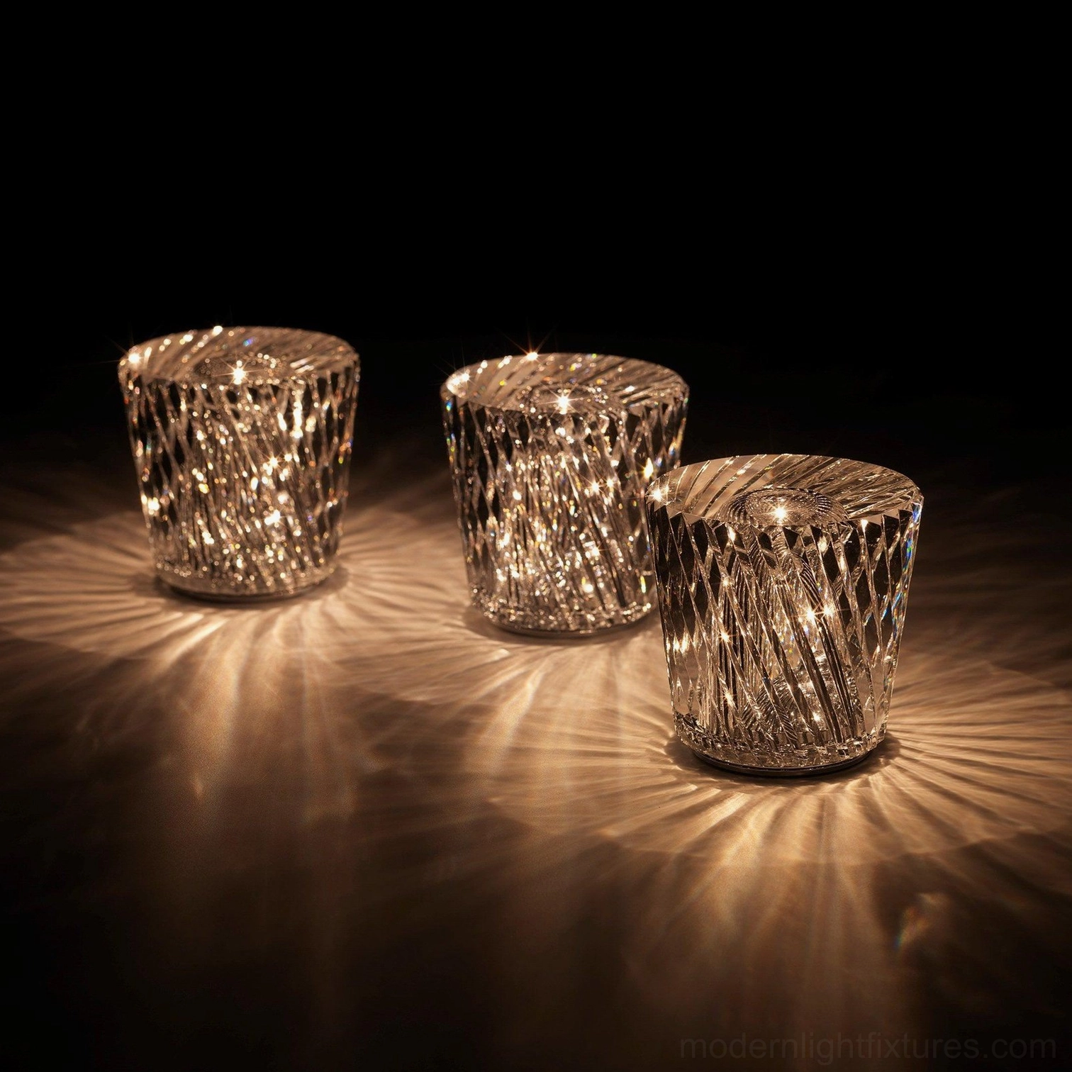 Crystal diamond table lamp warm light atmosphere creation, evening bedroom environment illumination, cozy setting achievement