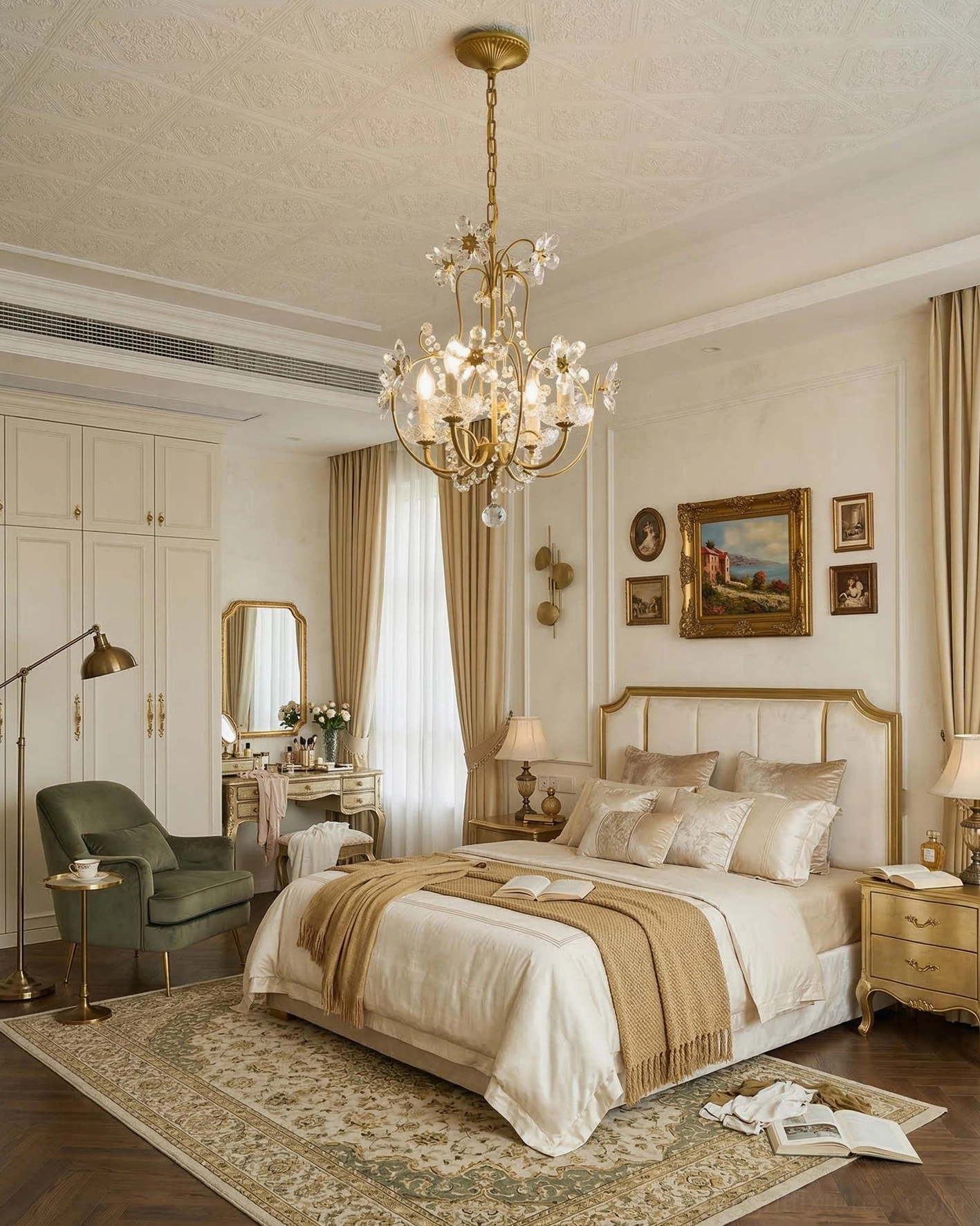 Cristavelle crystal pendant light in luxury master bedroom with plush bedding and warm neutral walls