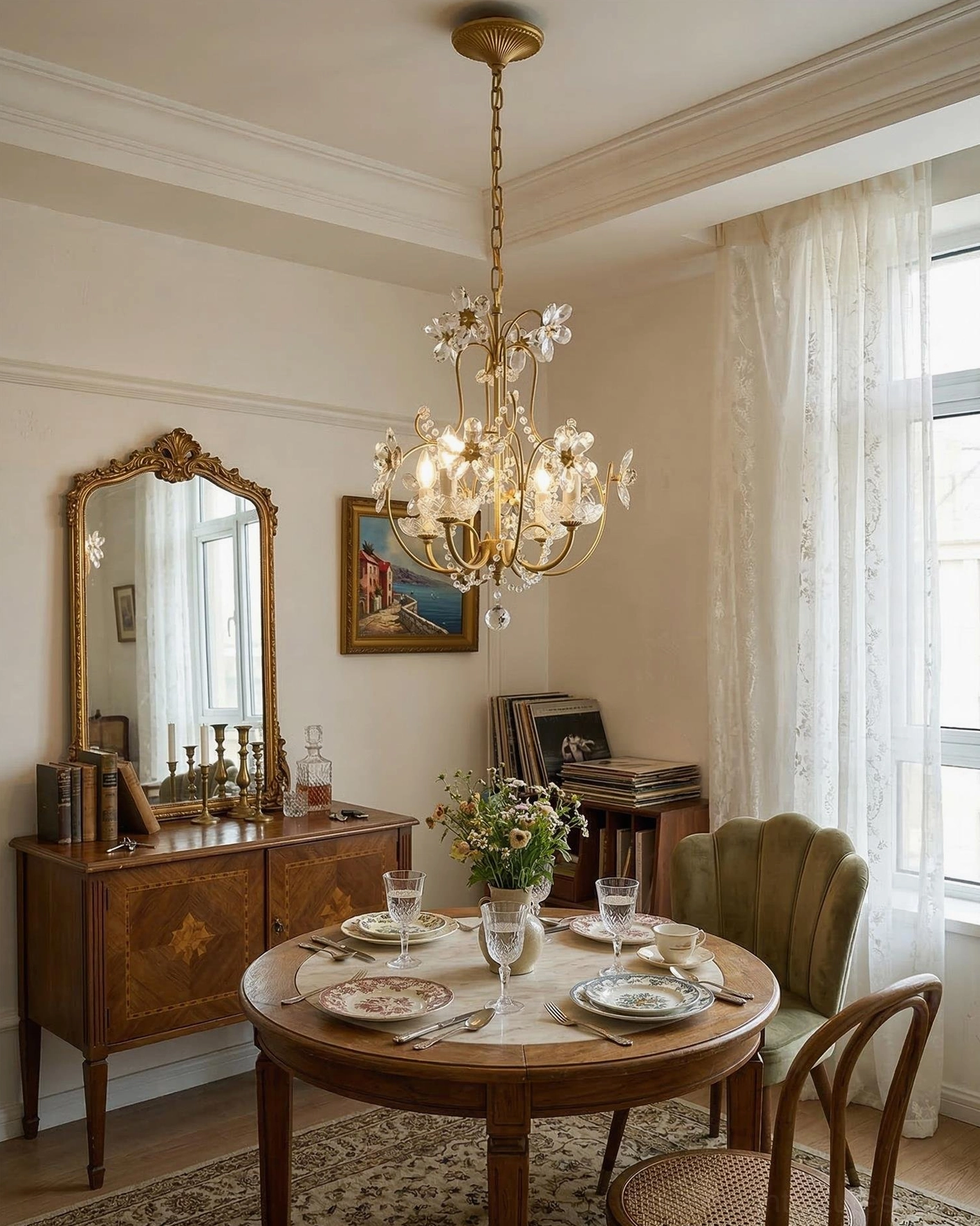 Vintage brass crystal chandelier hanging above dining table in warm retro dining room with wooden furniture