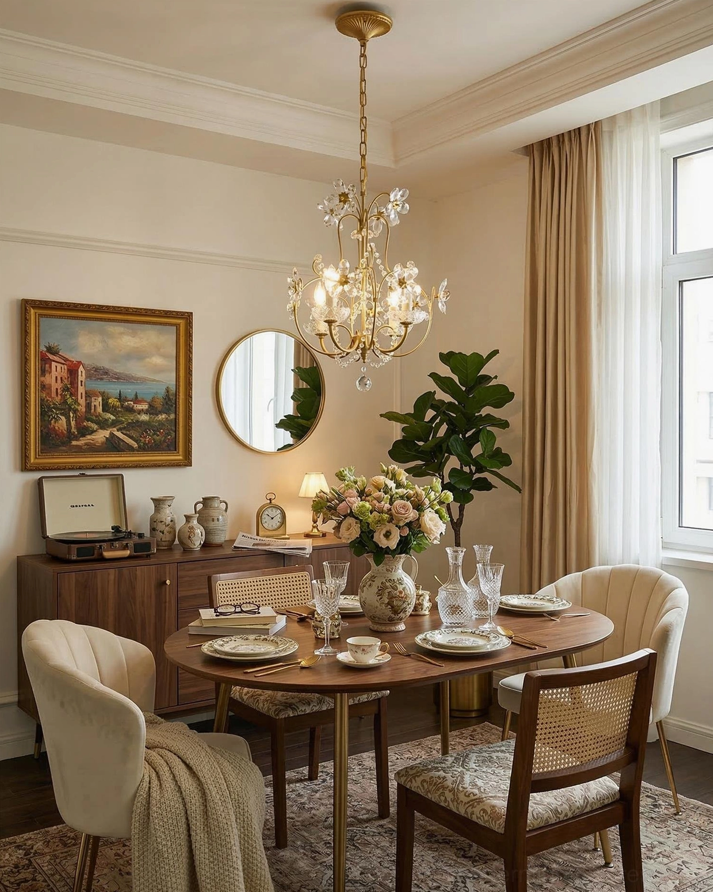 Brass crystal pendant light in vintage dining area with fabric upholstered chairs and botanical accents