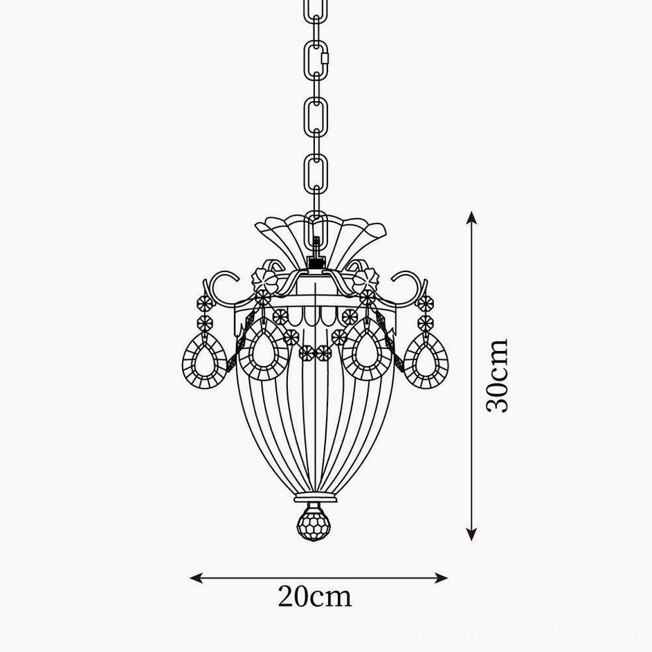 Technical schematic and dimension diagram of crystal pendant light, 20cm diameter by 30cm height