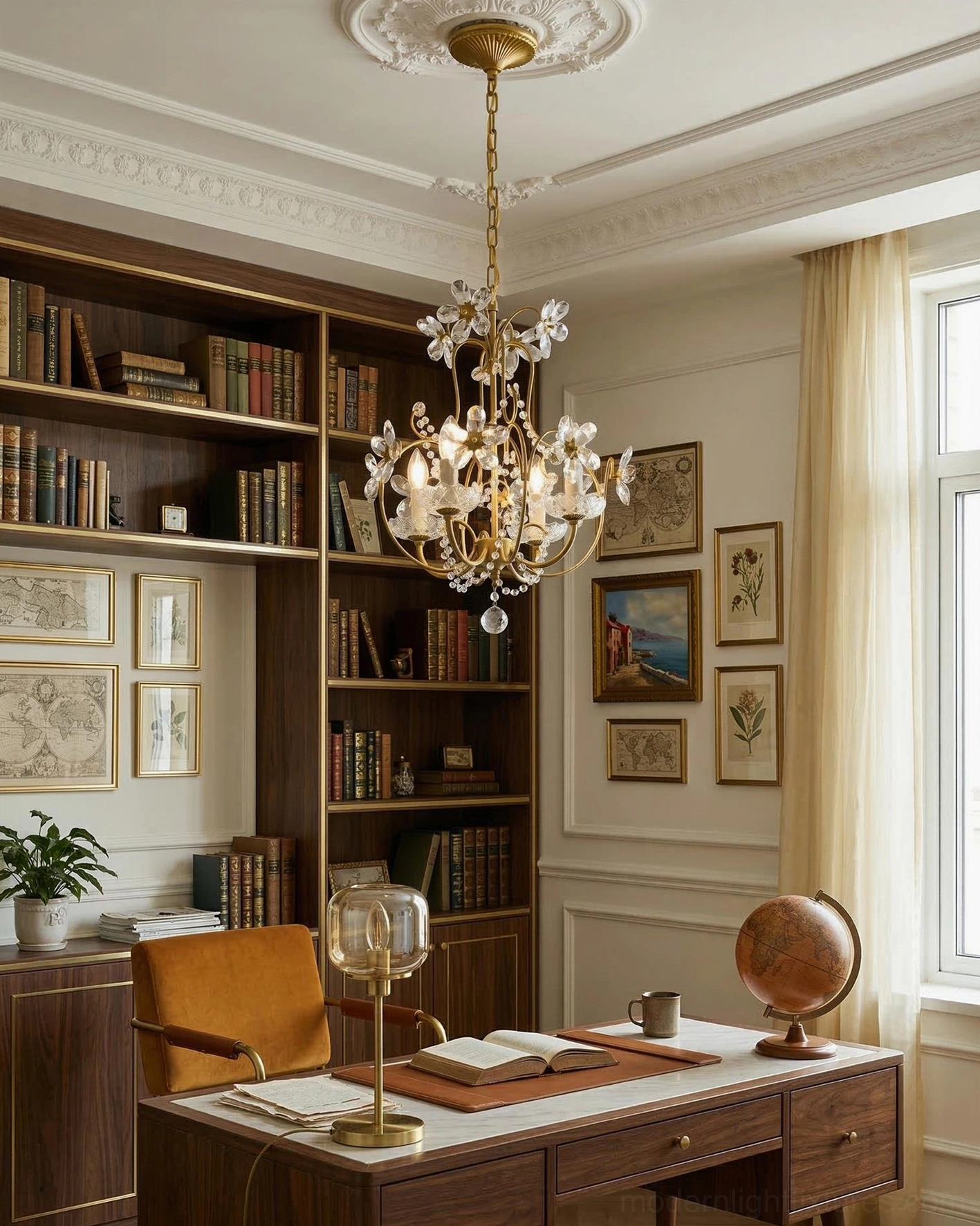 Faceted crystal chandelier in vintage library office with floor-to-ceiling bookshelves and wall art