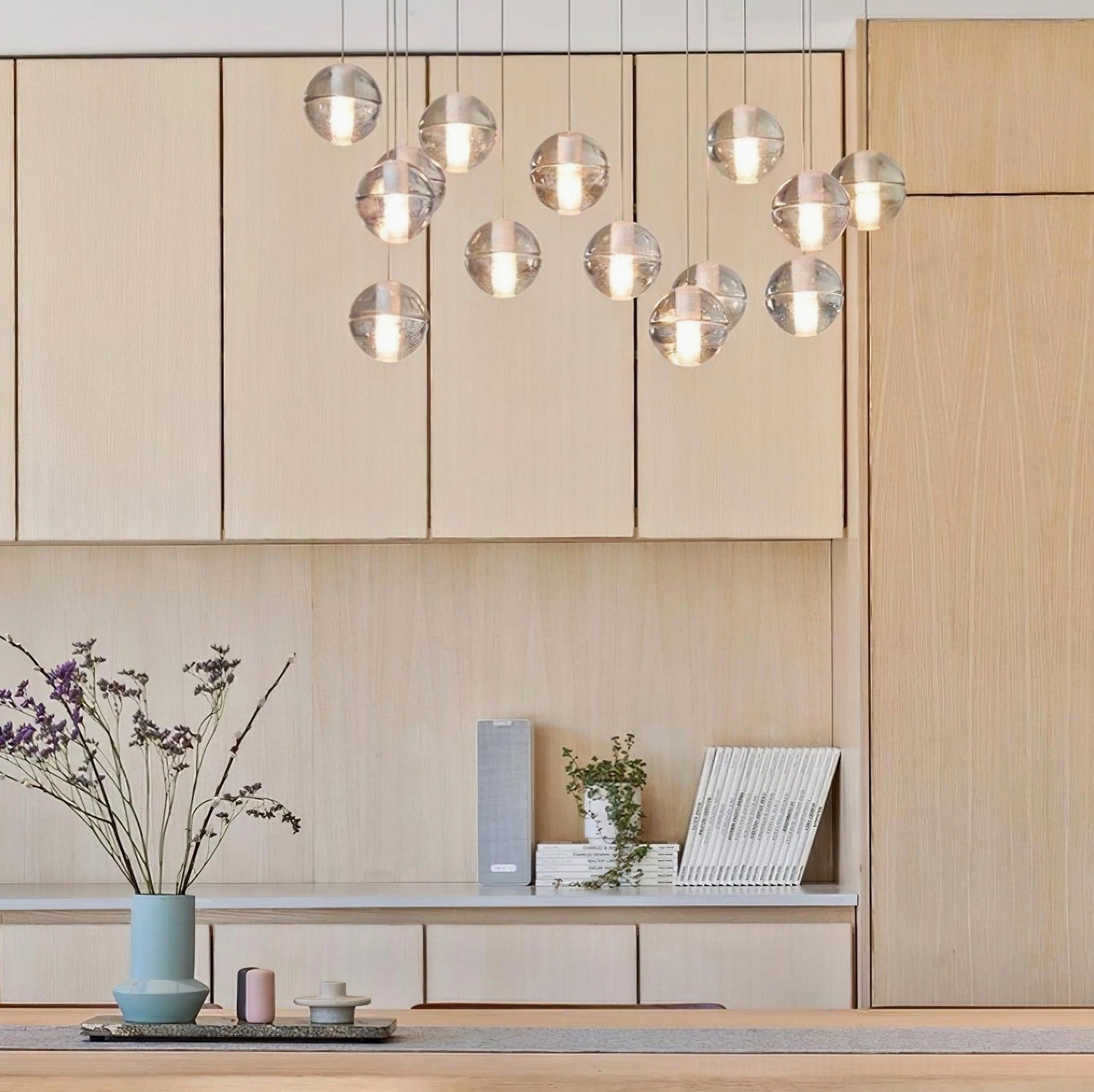 Modern crystal pendant light with square canopy option and multiple head configurations
