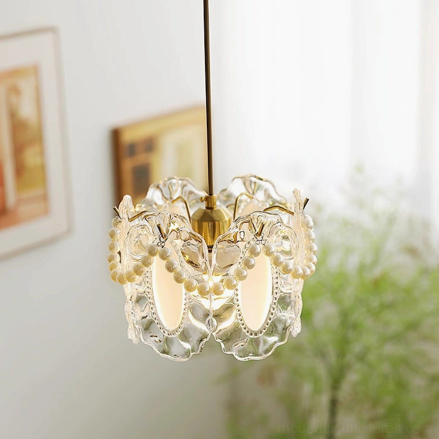 Crystal petal pendant fixture with adjustable suspension system demonstrating installation flexibility and height adjustment