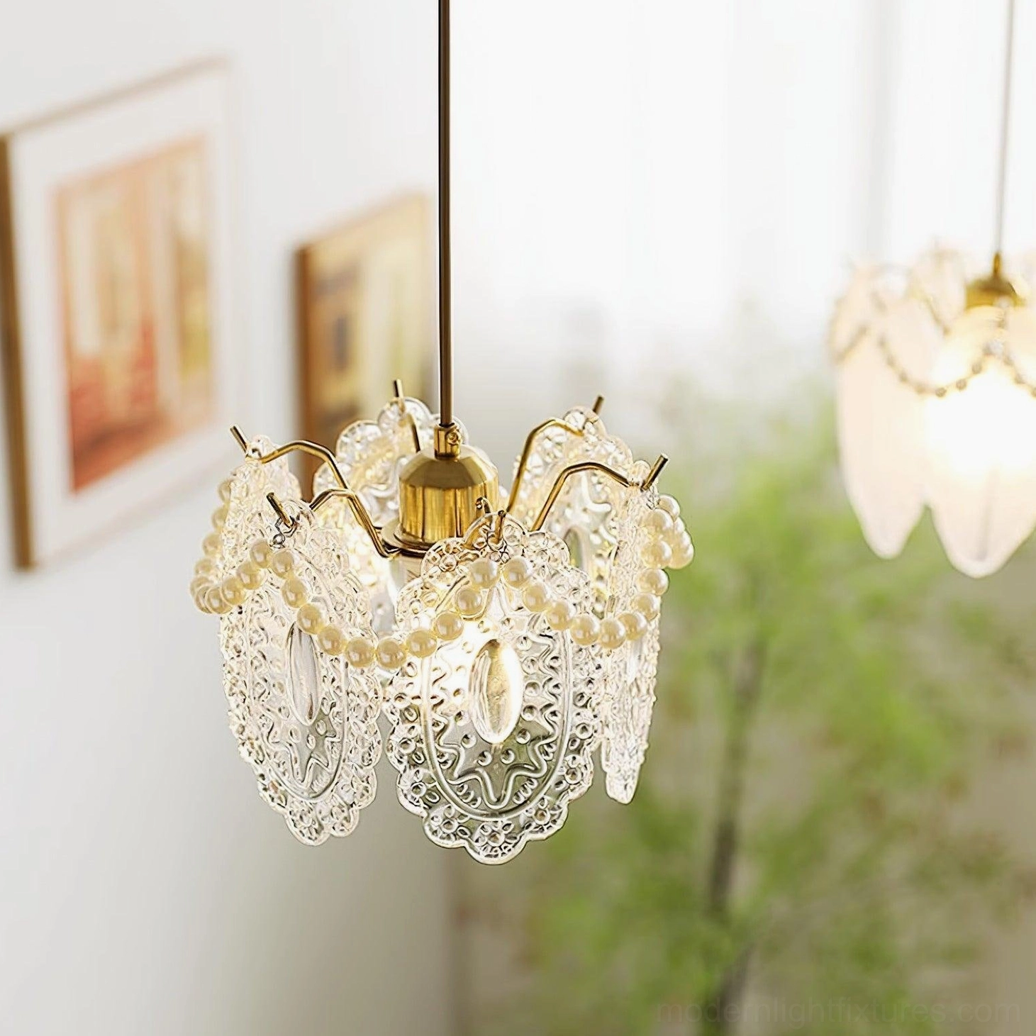 Crystal petal pendant fixture creating elegant light design in transitional interior with mixed décor styles