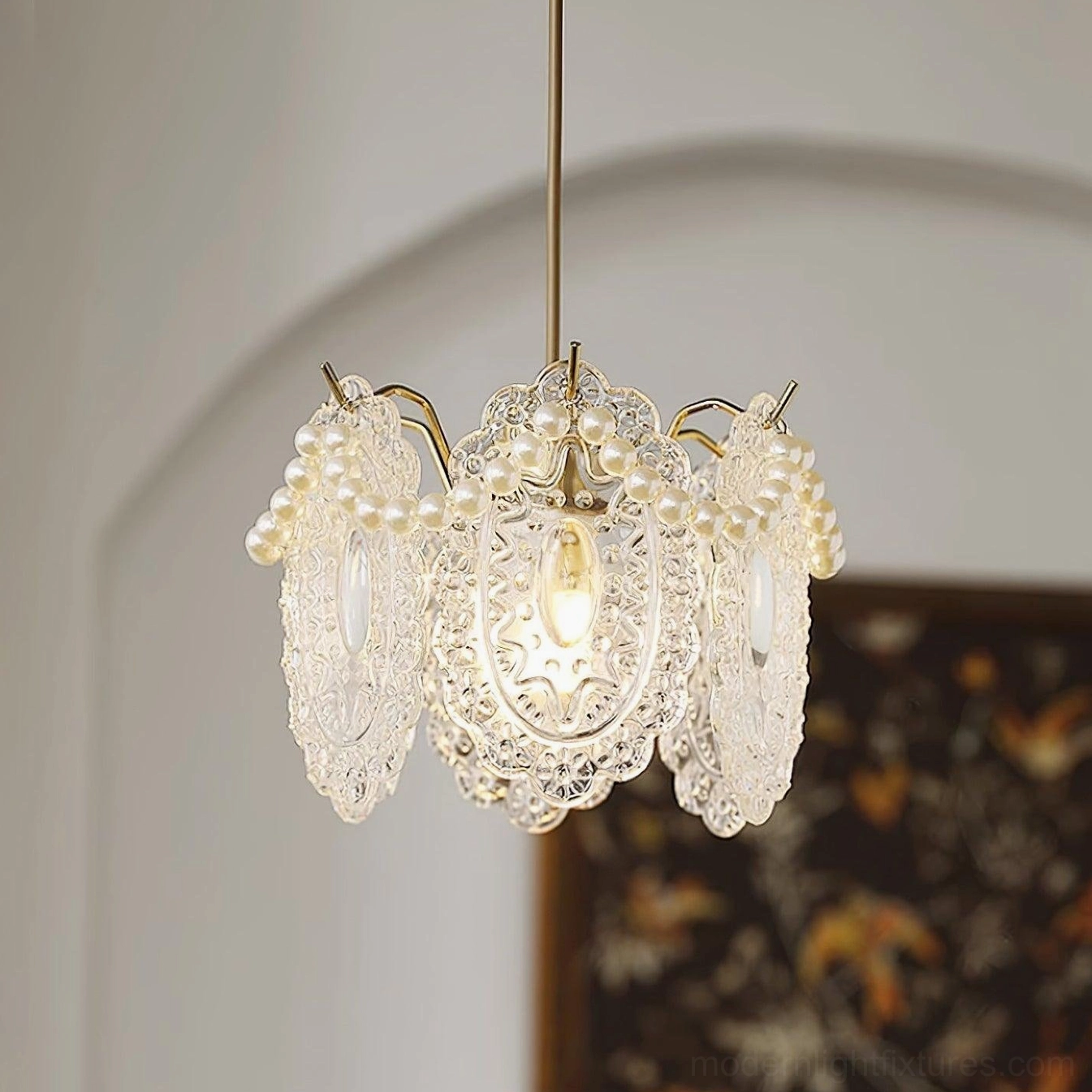 Crystal petal pendant lamp Model C showing decorative glass shade formations and pearl-trimmed hardware details