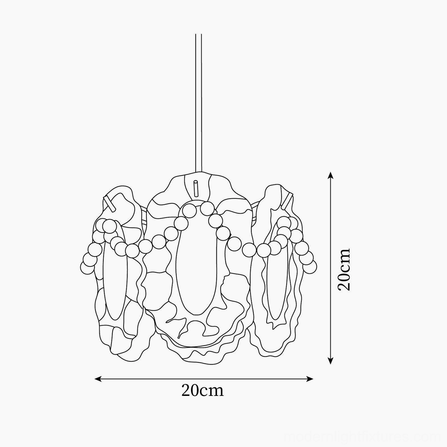 Technical line drawing orthographic view of crystal petal pendant lamp showing 20cm dimensions and pearl trim details