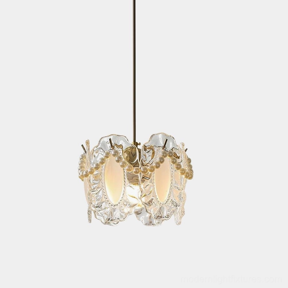 French vintage crystal petal pendant lamp with pearl trim and brass hardware, front close-up view against white background