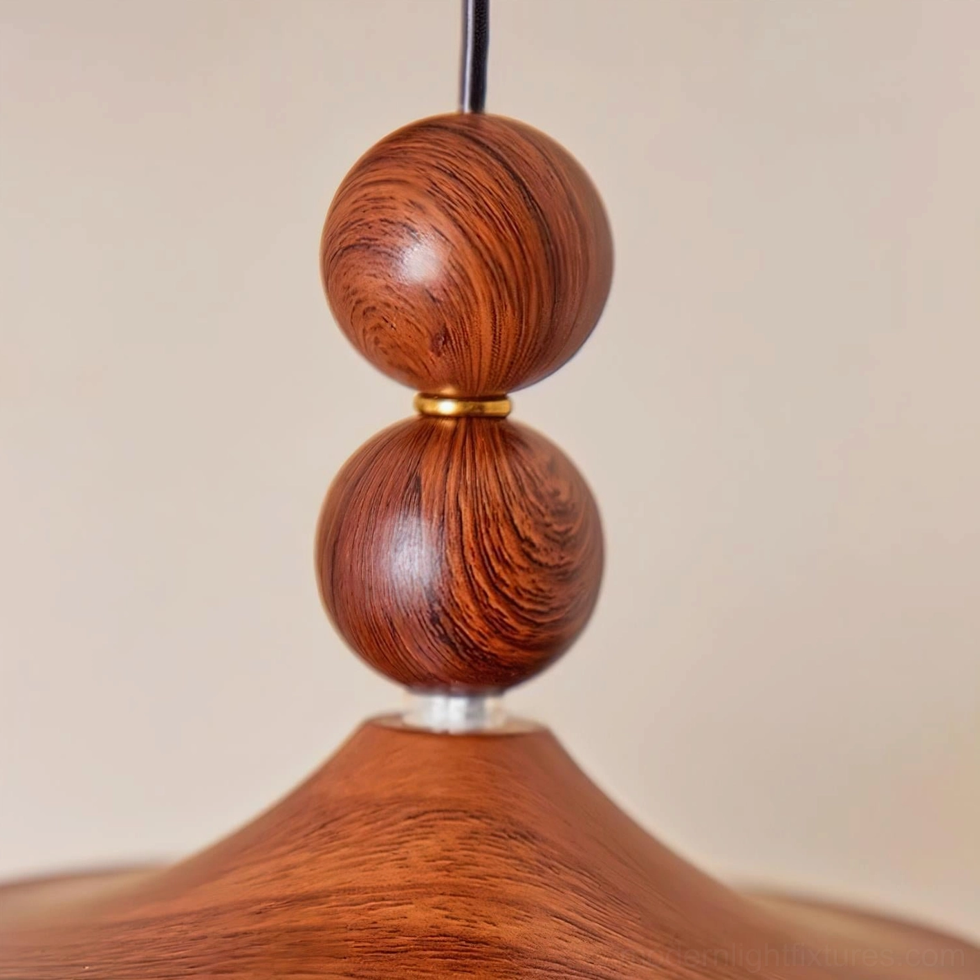 Close-up detail shot of crystal dewdrop wall sconce showing wood grain walnut finish, brass hardware and wooden canopy
