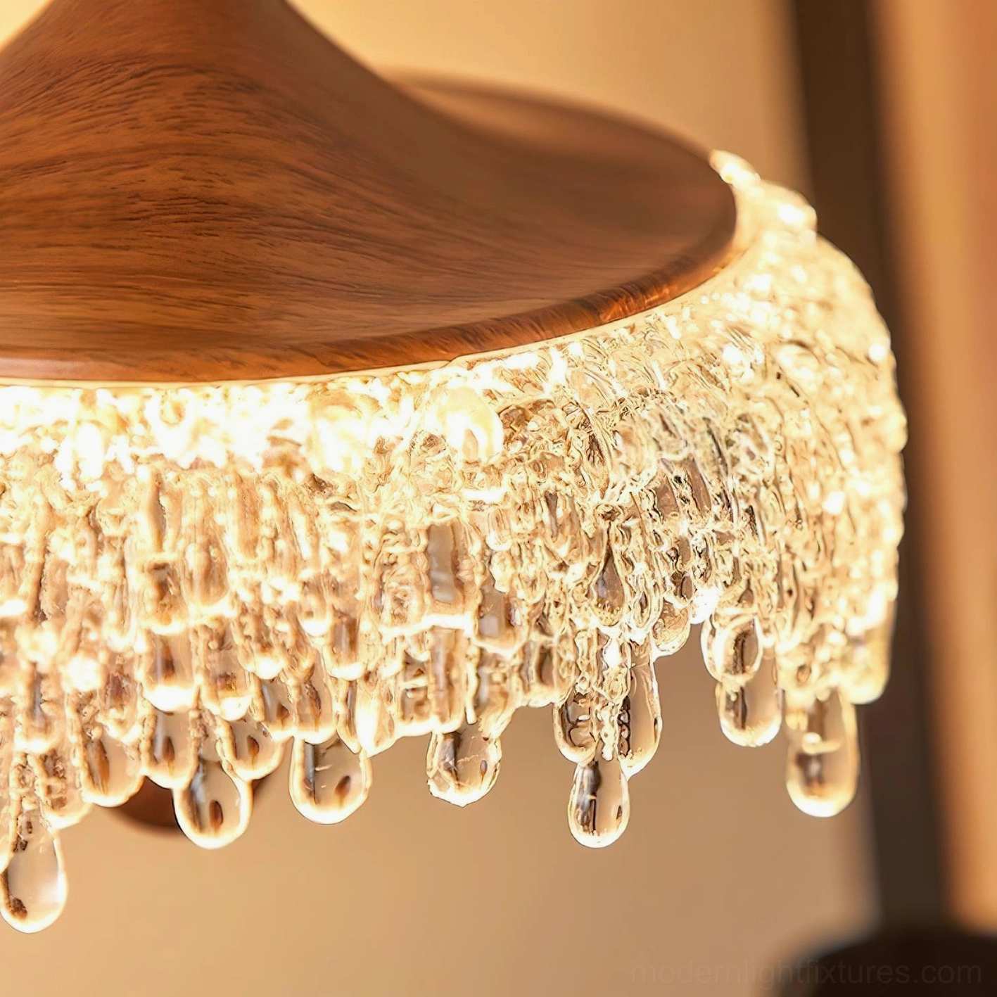 Crystal dewdrop wall sconce overhead detail showing wood bead components, brass fixtures and crystal suspension mechanism