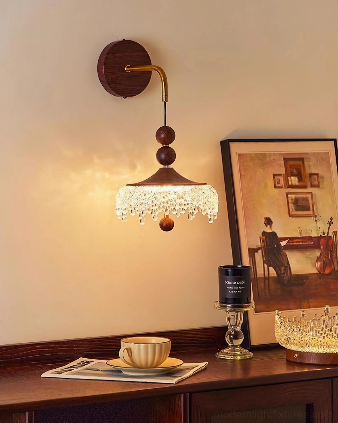 Unlit crystal wall sconce in retro home office environment paired with vintage home decor accessories