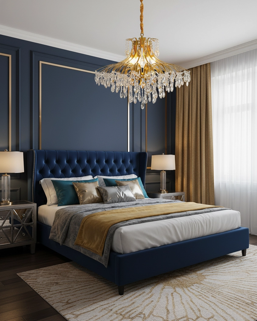 Gold framed crystal chandelier with draped crystal fringe in luxury master bedroom with navy blue decor