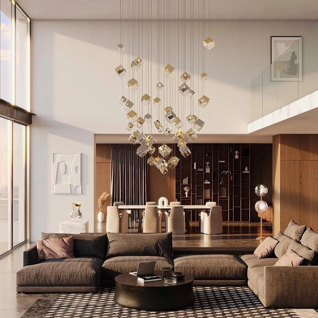 Modern geometric glass cube chandelier architectural statement piece