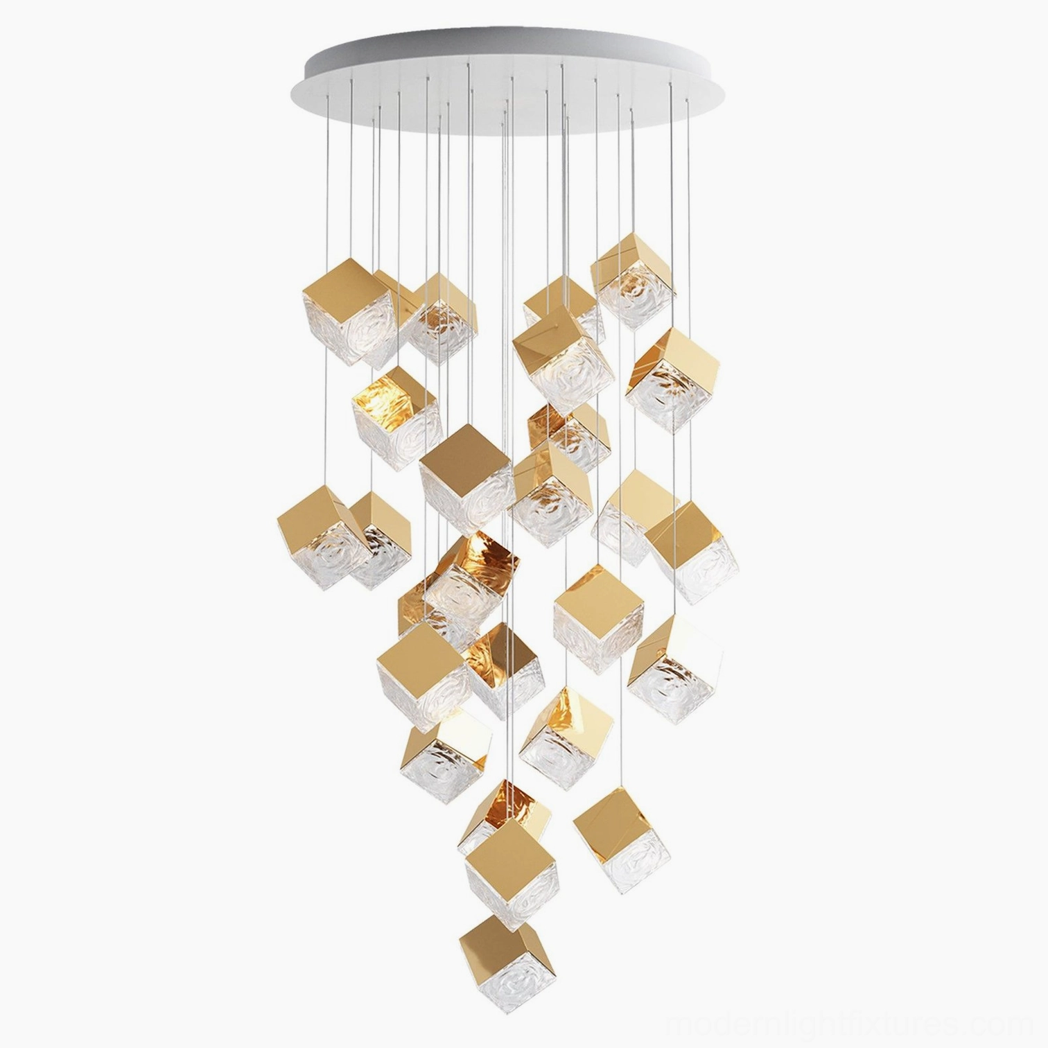 Modern geometric glass cube chandelier atrium commercial venue application