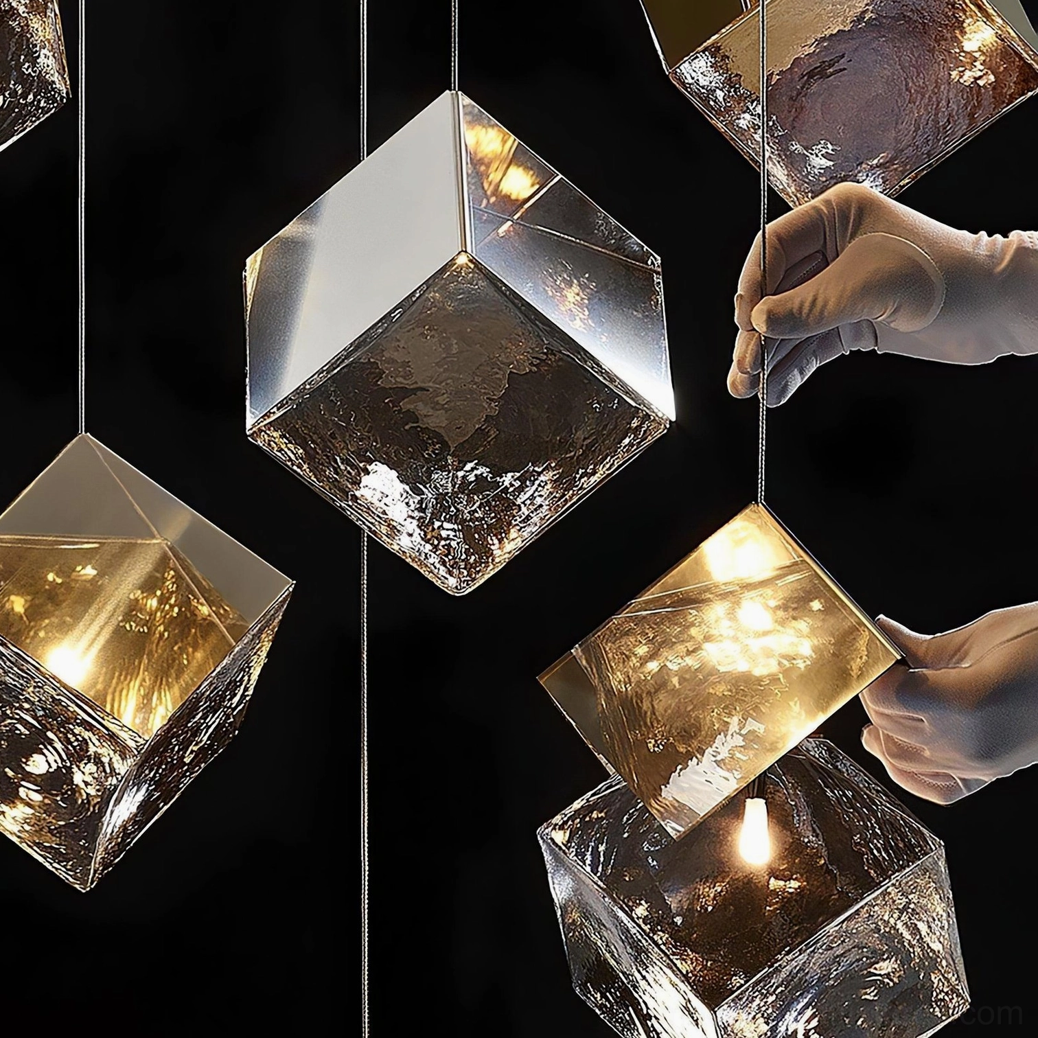 Modern geometric glass cube chandelier hospitality hotel lobby application
