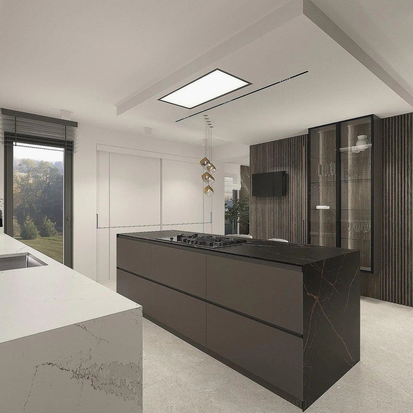 Contemporary cube chandelier transitional interior design style integration