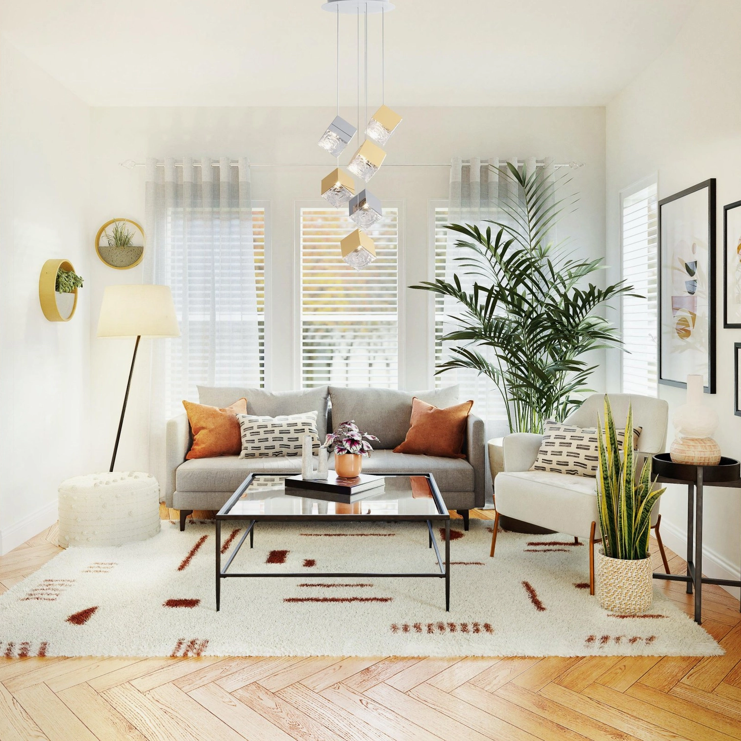 Large geometric cube pendant light fixture mixed metal finishes showcase