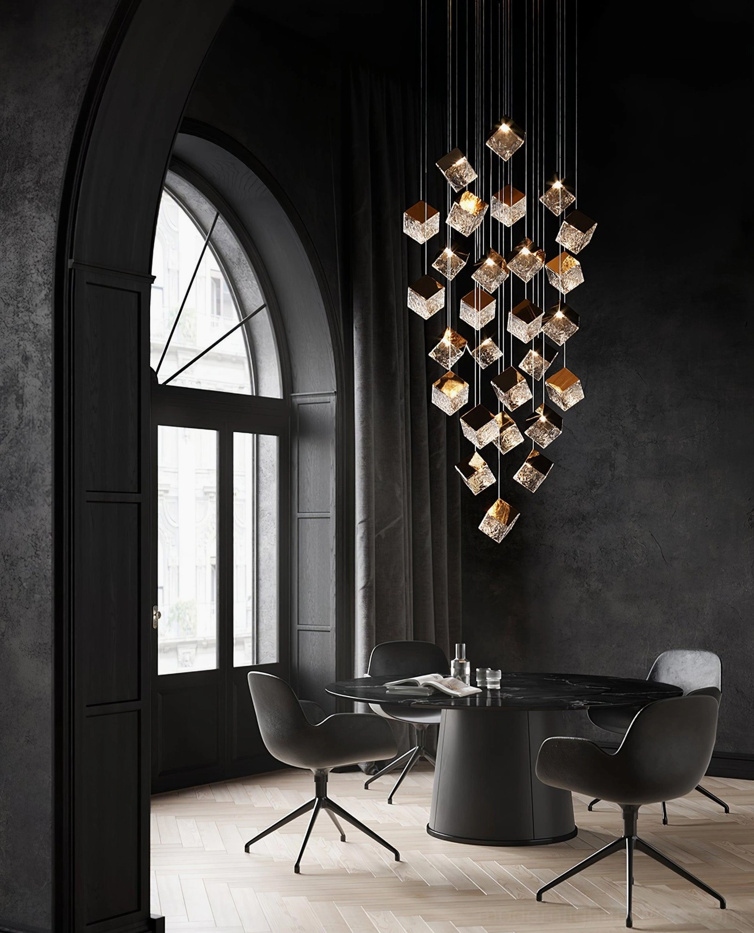 Contemporary cube pendant light fixture professional studio photography view