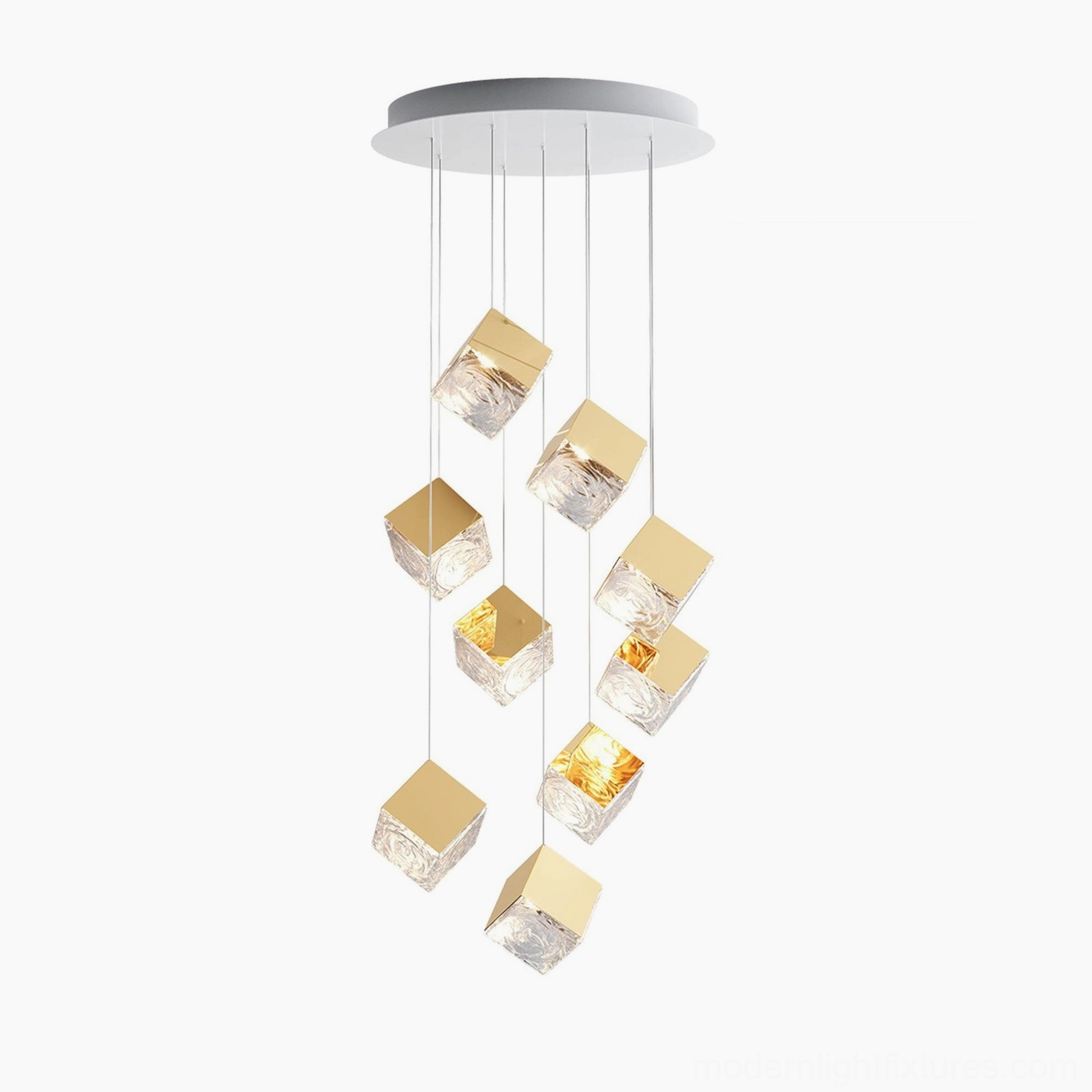 Modern cube pendant light fixture warm gold illumination ambiance detail