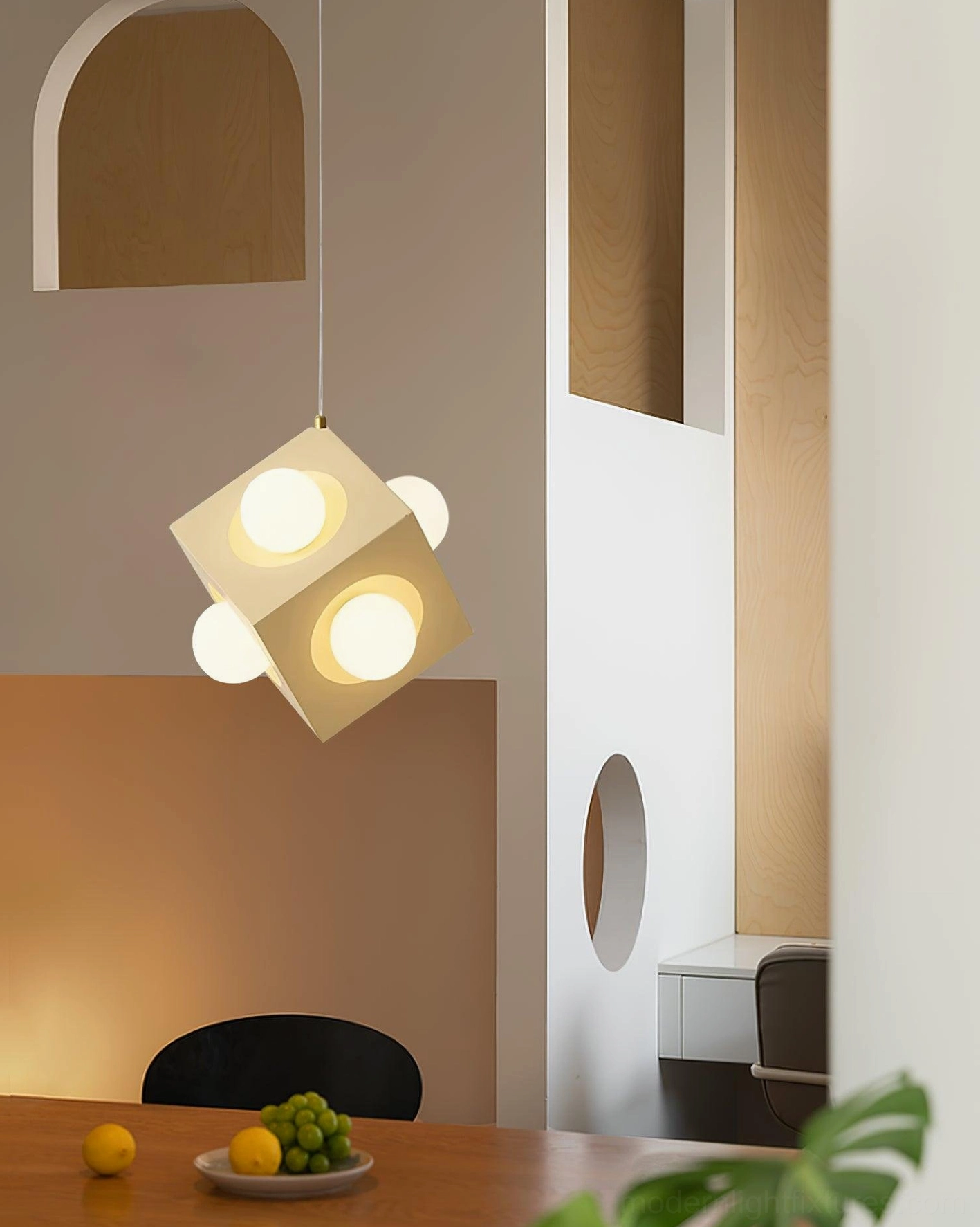 Minimalist pendant light fixture with integrated LED system and brushed metal ceiling canopy detail
