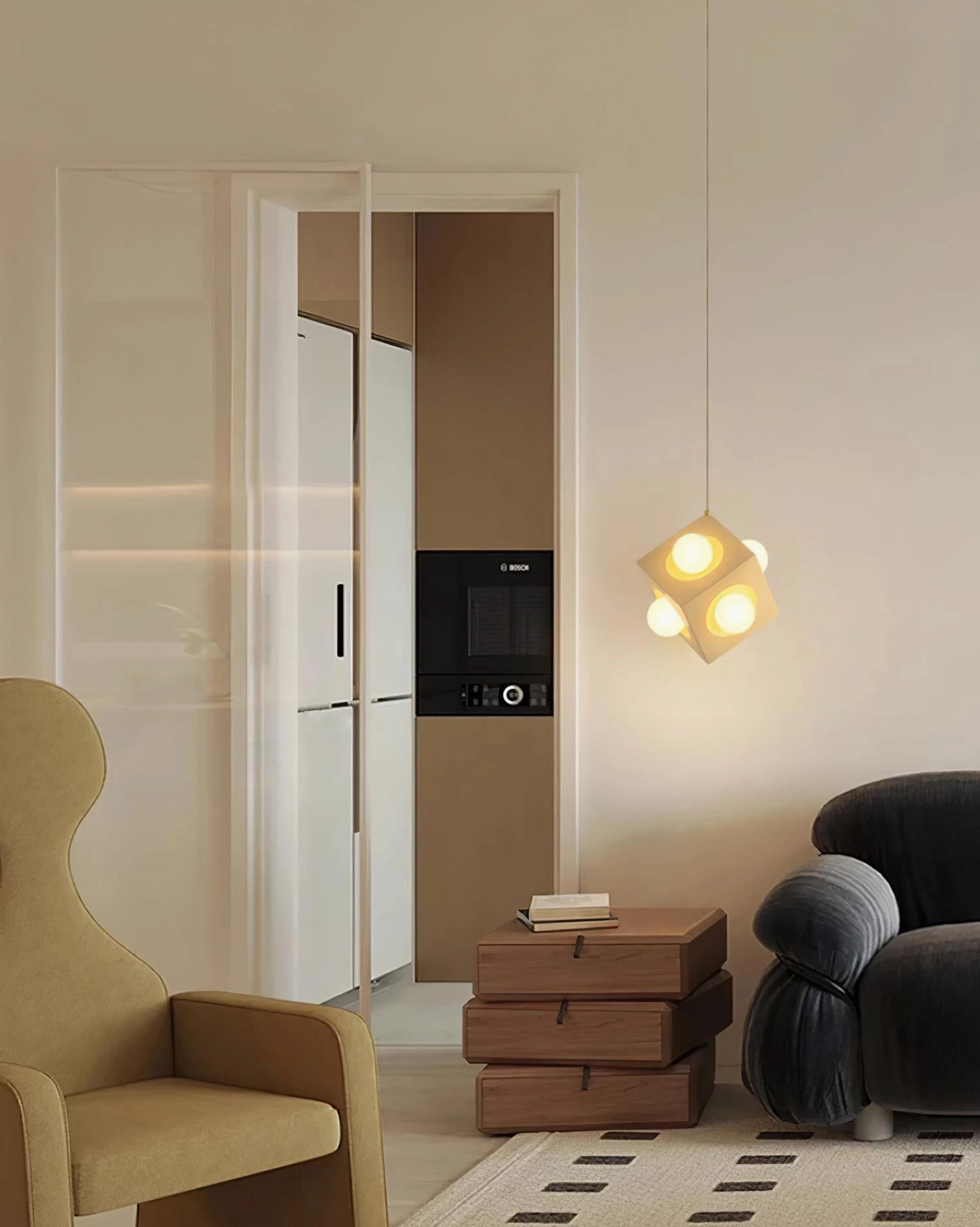 Yellow cubic LED pendant light in contemporary apartment entryway with minimalist decor and warm ambiance