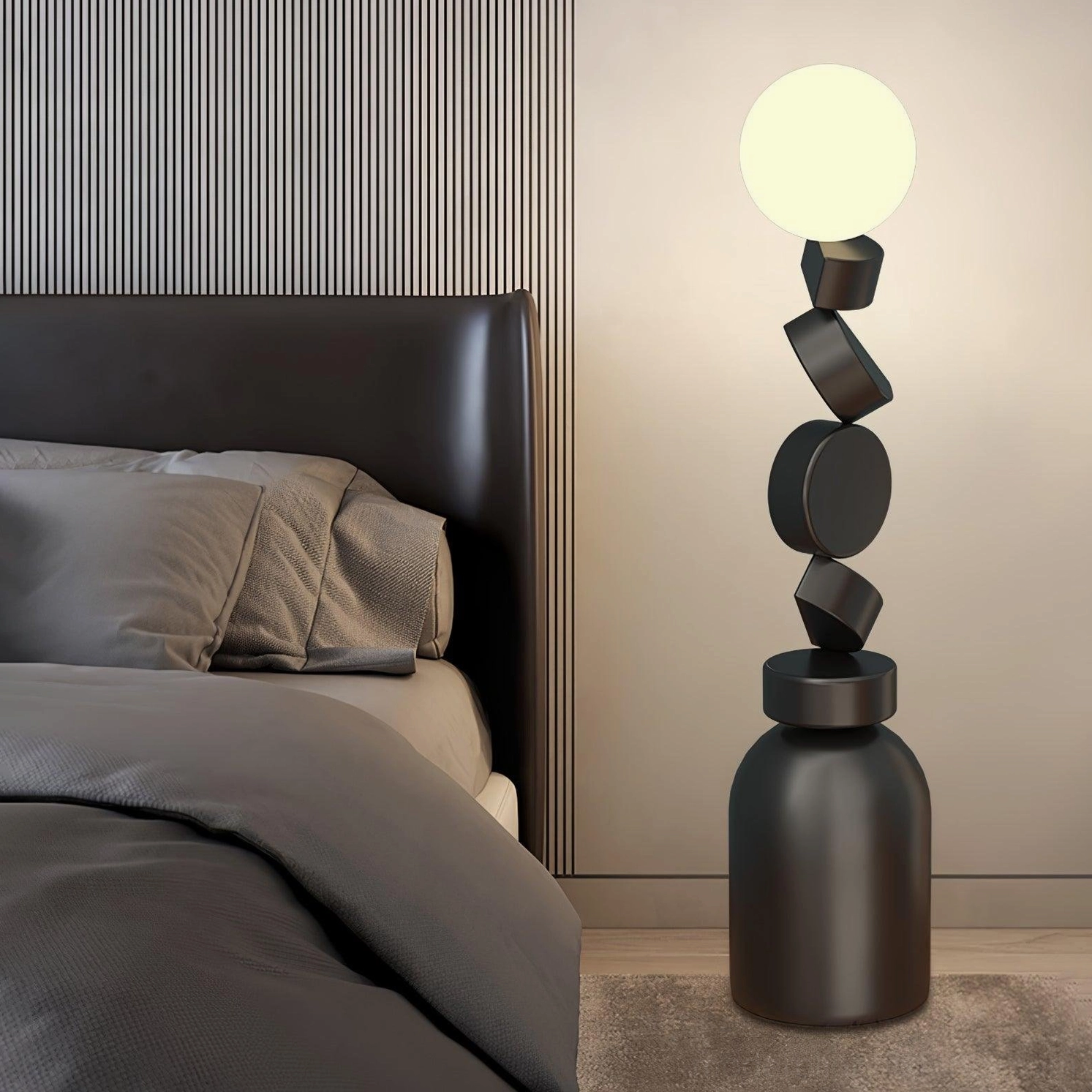 Cubu geometric LED floor lamp in bedroom setting with dark leather bed, warm ambient lighting