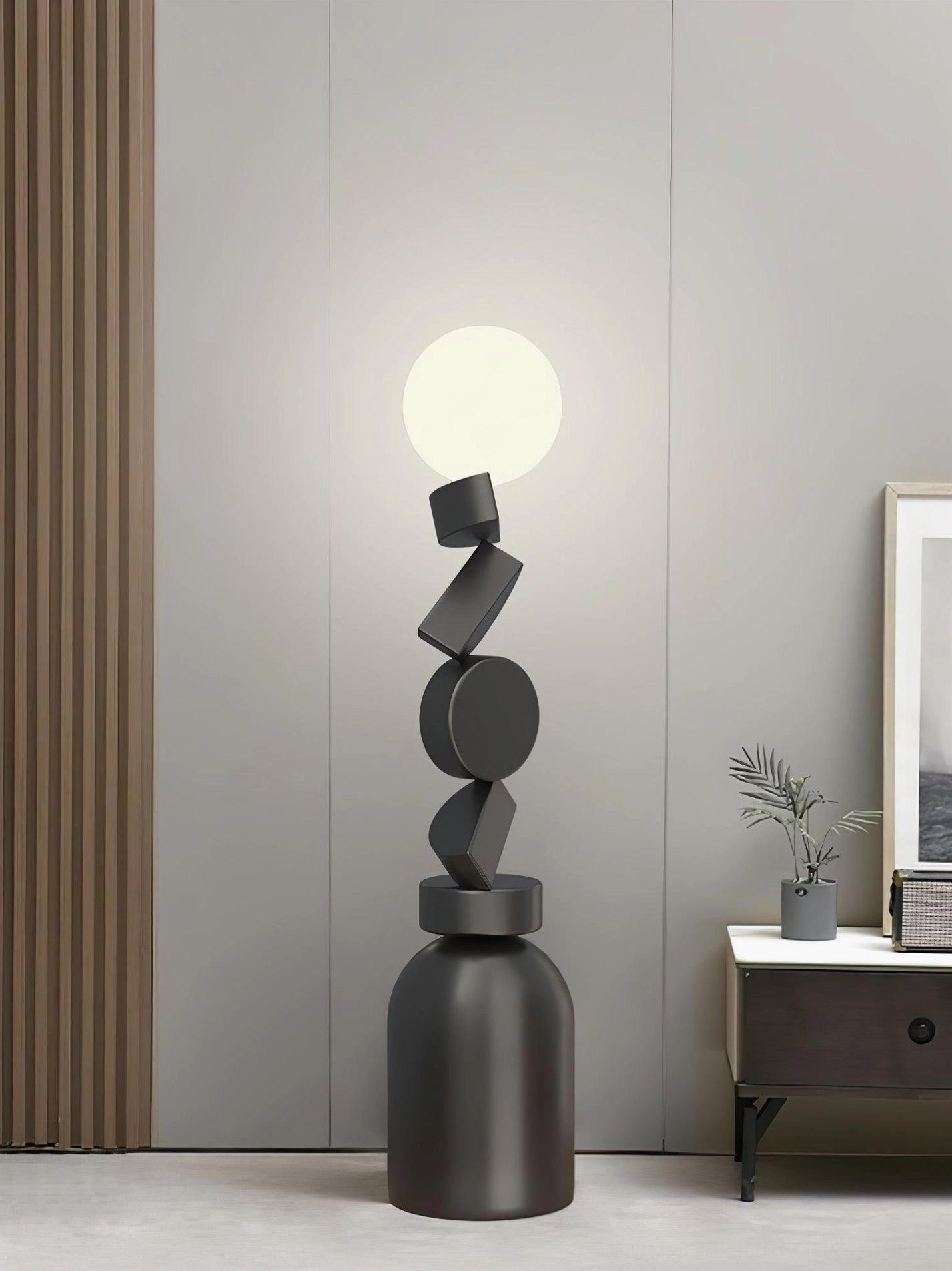 Cubu floor lamp warm ambient lighting with potted plant side table contemporary living room