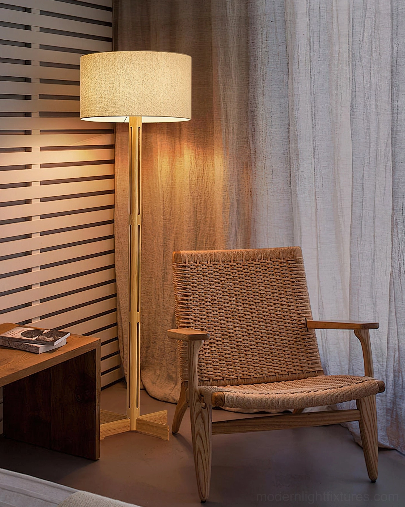 Culver floor lamp in Japanese-inspired living room setting with warm lighting, paired with rattan chair and minimalist decor