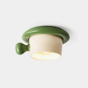 Cupola ceramic ceiling light fixture with green rim detail, front studio view on white background