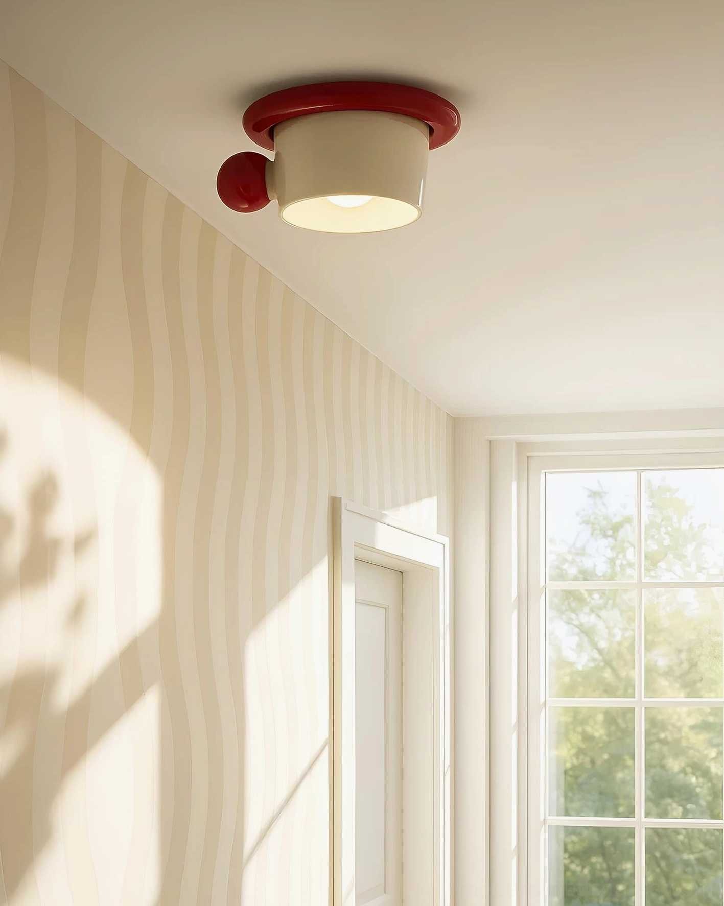 Beige ceramic ceiling light fixture in sunlit modern minimalist living room