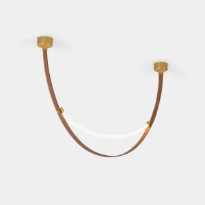 Modern curved U-shaped LED pendant light with brass gold finish and white silica gel diffuser, front view on plain background