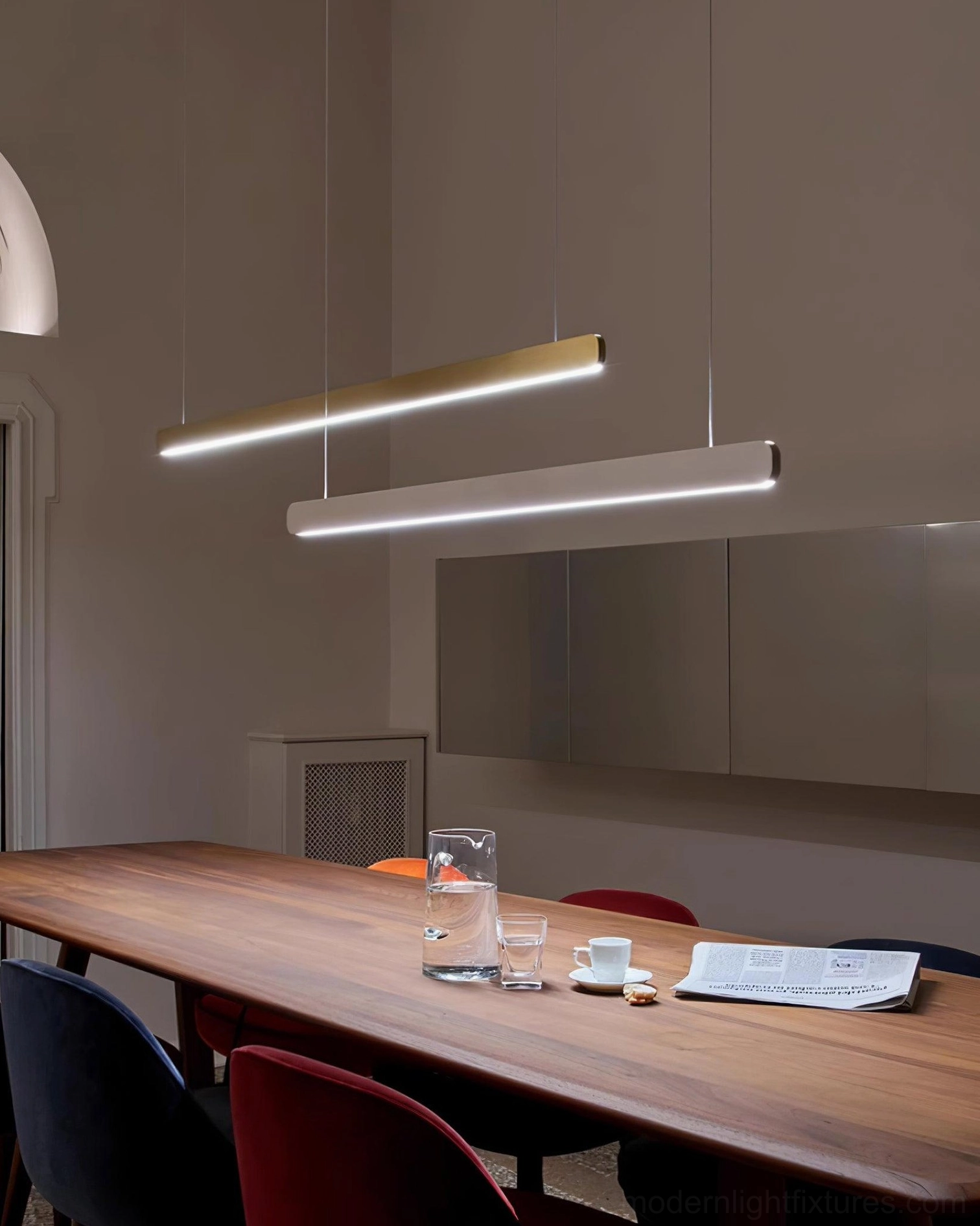 Customizable linear pendant light with adjustable wire length for varied ceiling heights