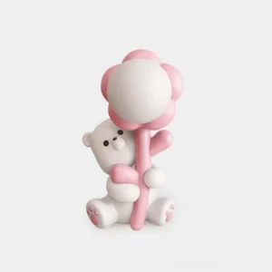 Adorable pink and white bear flower table lamp with integrated LED, front studio view showcasing cute resin design