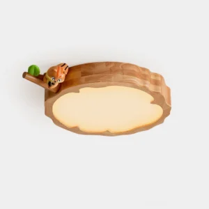 Whimsical squirrel flower-shaped ceiling lamp with natural wood frame and cute animal figurine in studio setting